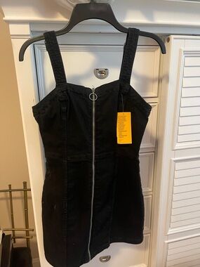 H&m black denim zip short mini dress nwt 4